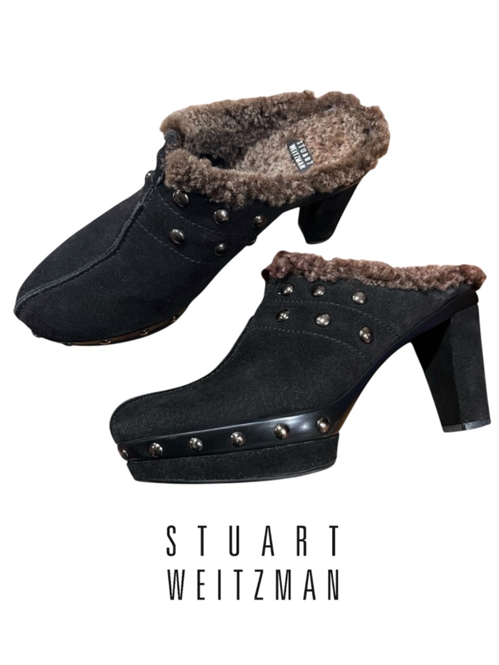 Stuart Weitzman Black Suede Studded Shearling Mules Clogs Sz 5.5 EUC